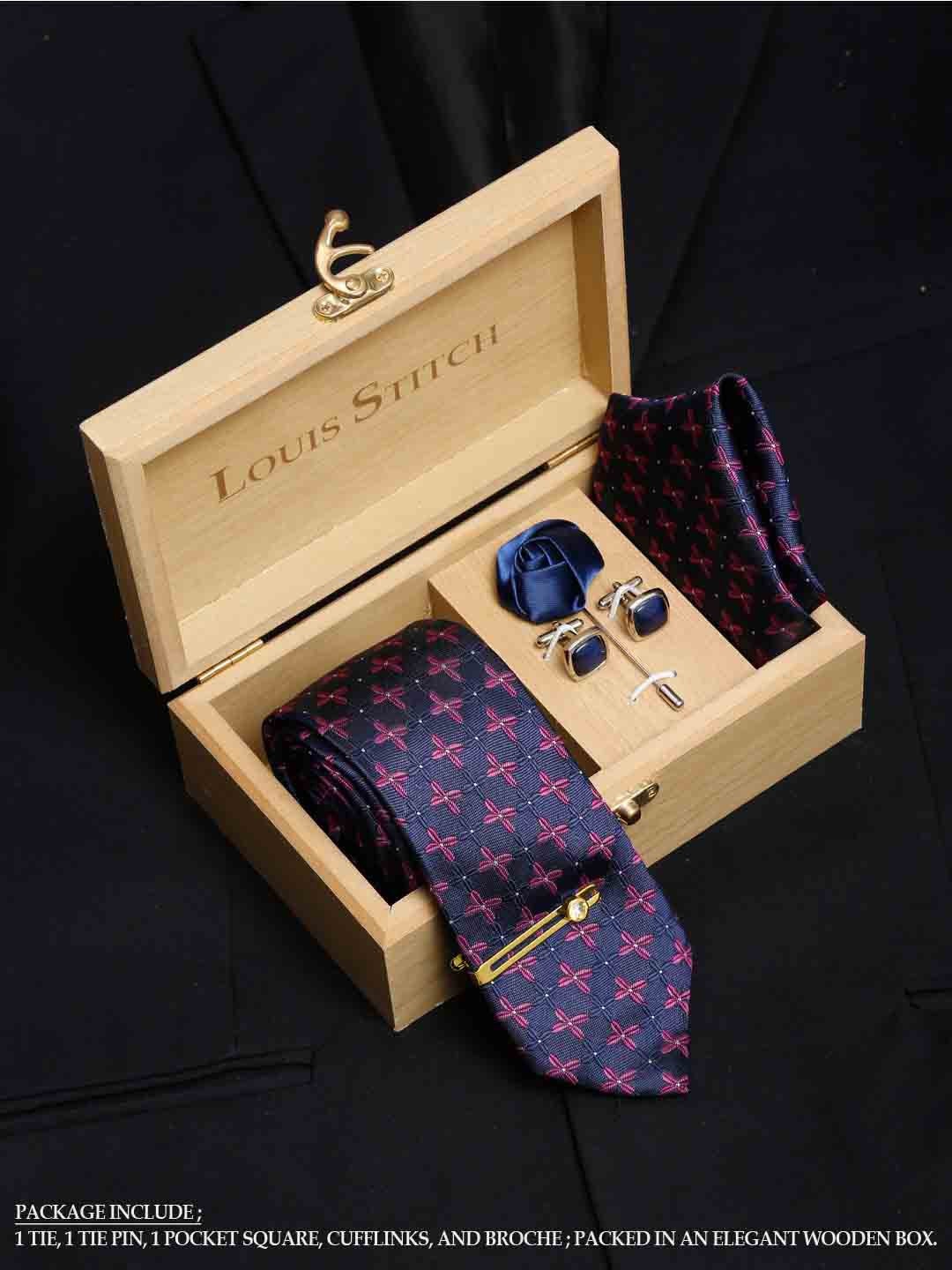 

LOUIS STITCH Men Italian Silk Necktie Accessory Gift Set, Blue