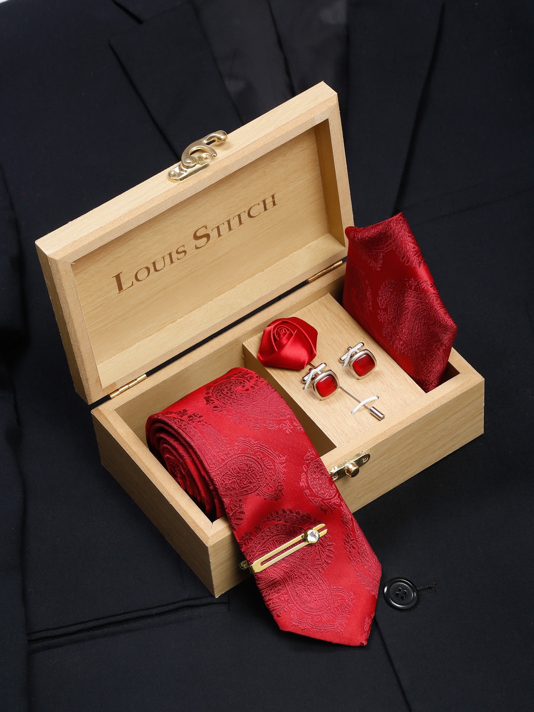 

LOUIS STITCH Men's Italian Silk Necktie Accessory Gift Set, Red