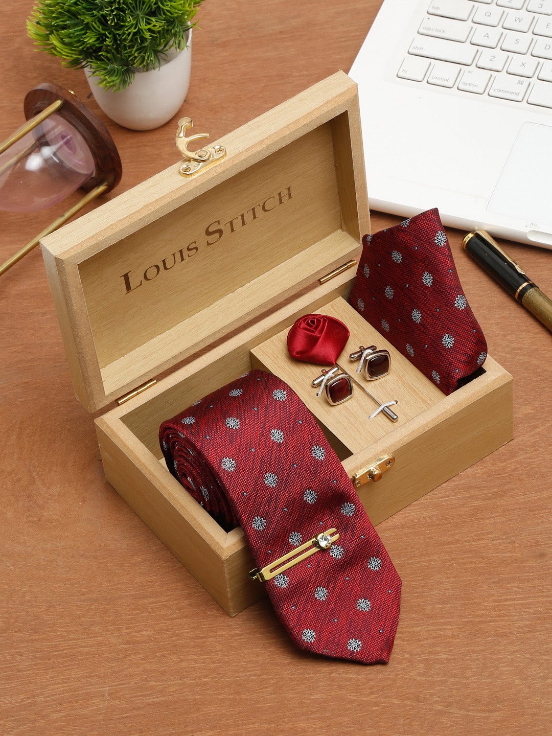 

LOUIS STITCH Men Italian Silk Necktie Accessory Gift Set, Maroon