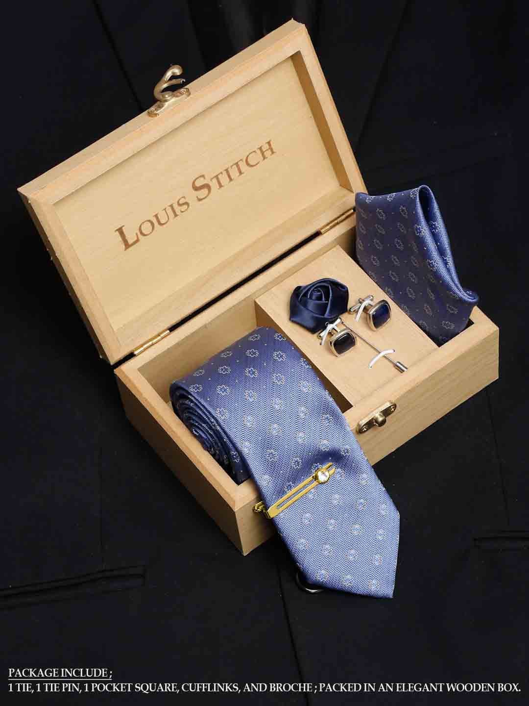 

LOUIS STITCH Men Italian Silk Necktie Accessory Gift Set, Blue