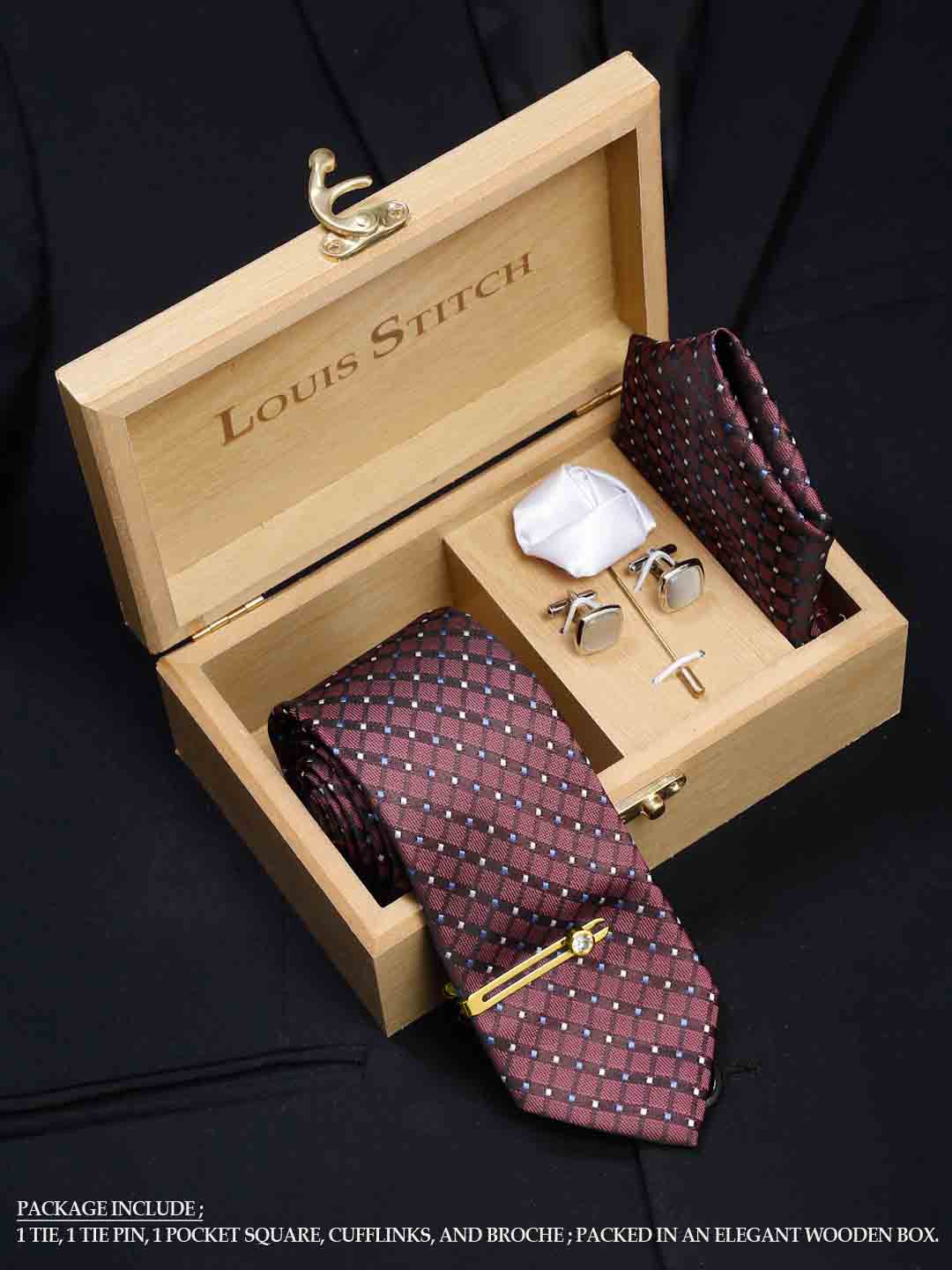 

LOUIS STITCH Men Printed Italian Silk Accessory Gift Set, Red