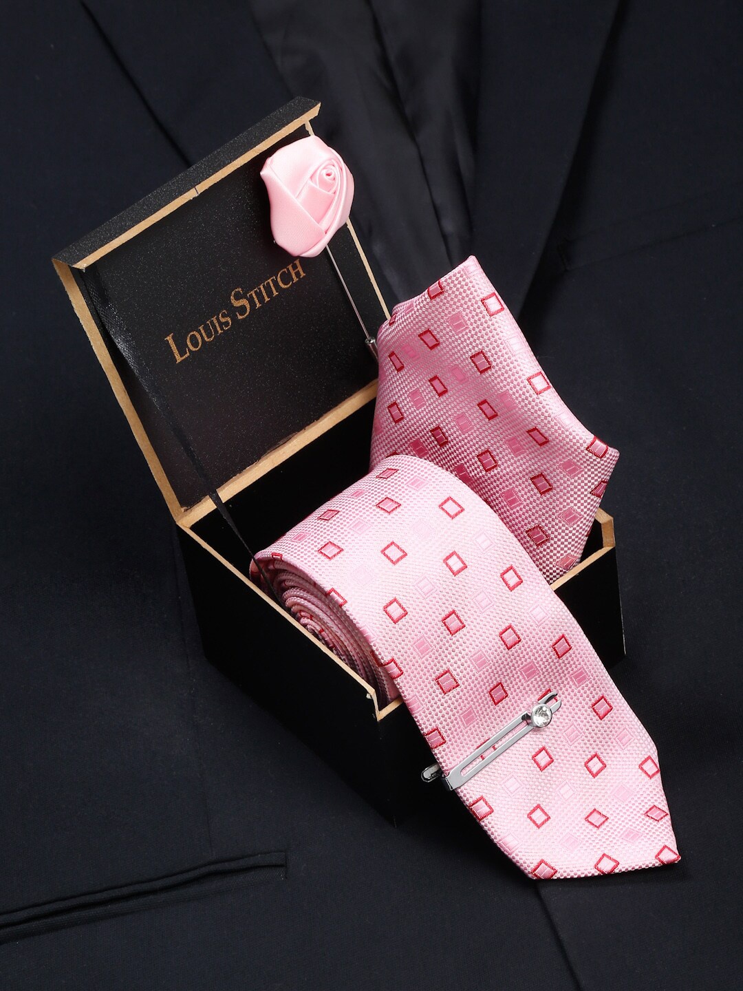 

LOUIS STITCH Men Blush Peach Italian Silk Necktie Accessory Gift Set, Pink