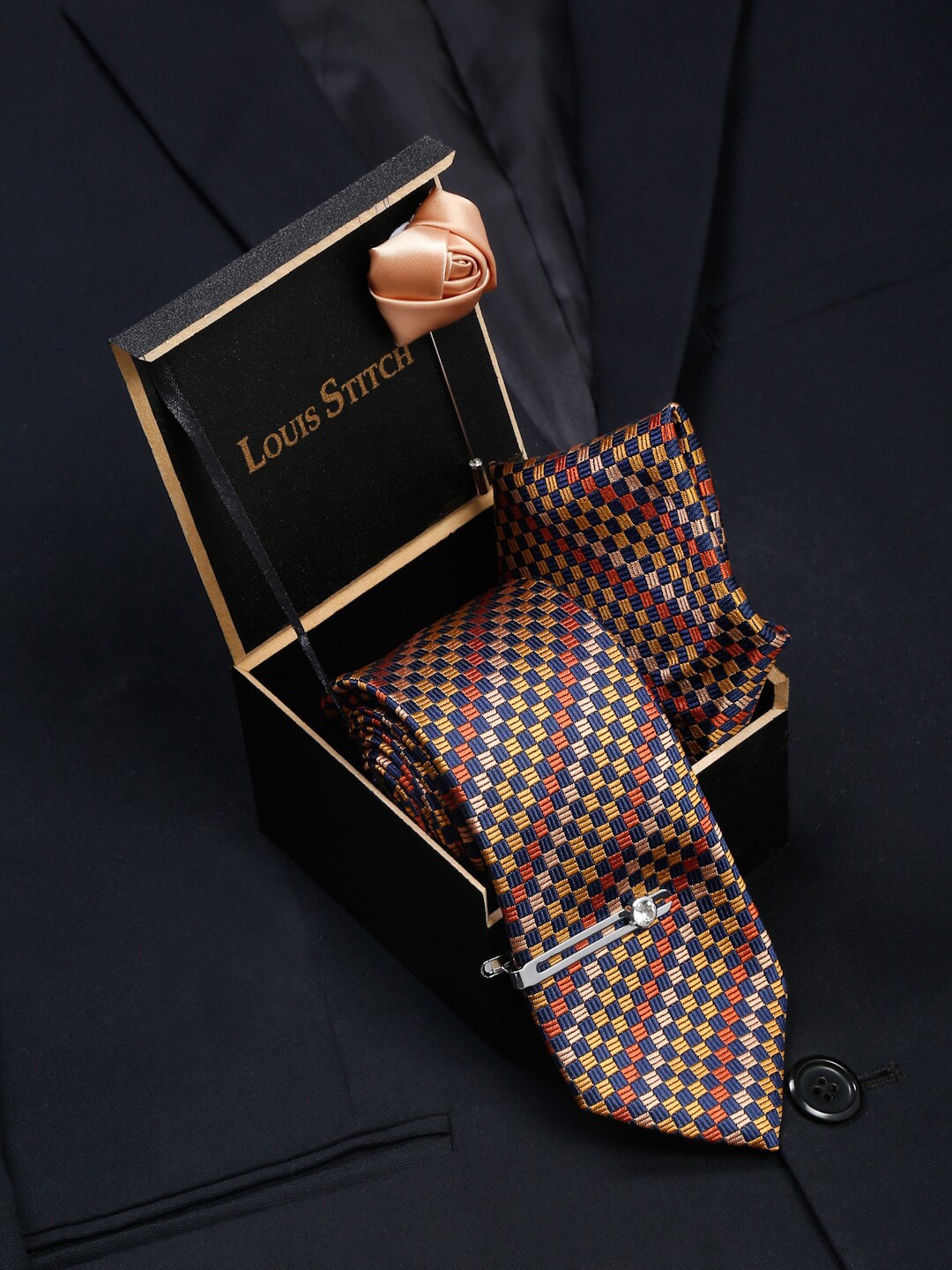 

LOUIS STITCH Men Italian Silk Necktie Accessory Gift Set, Yellow