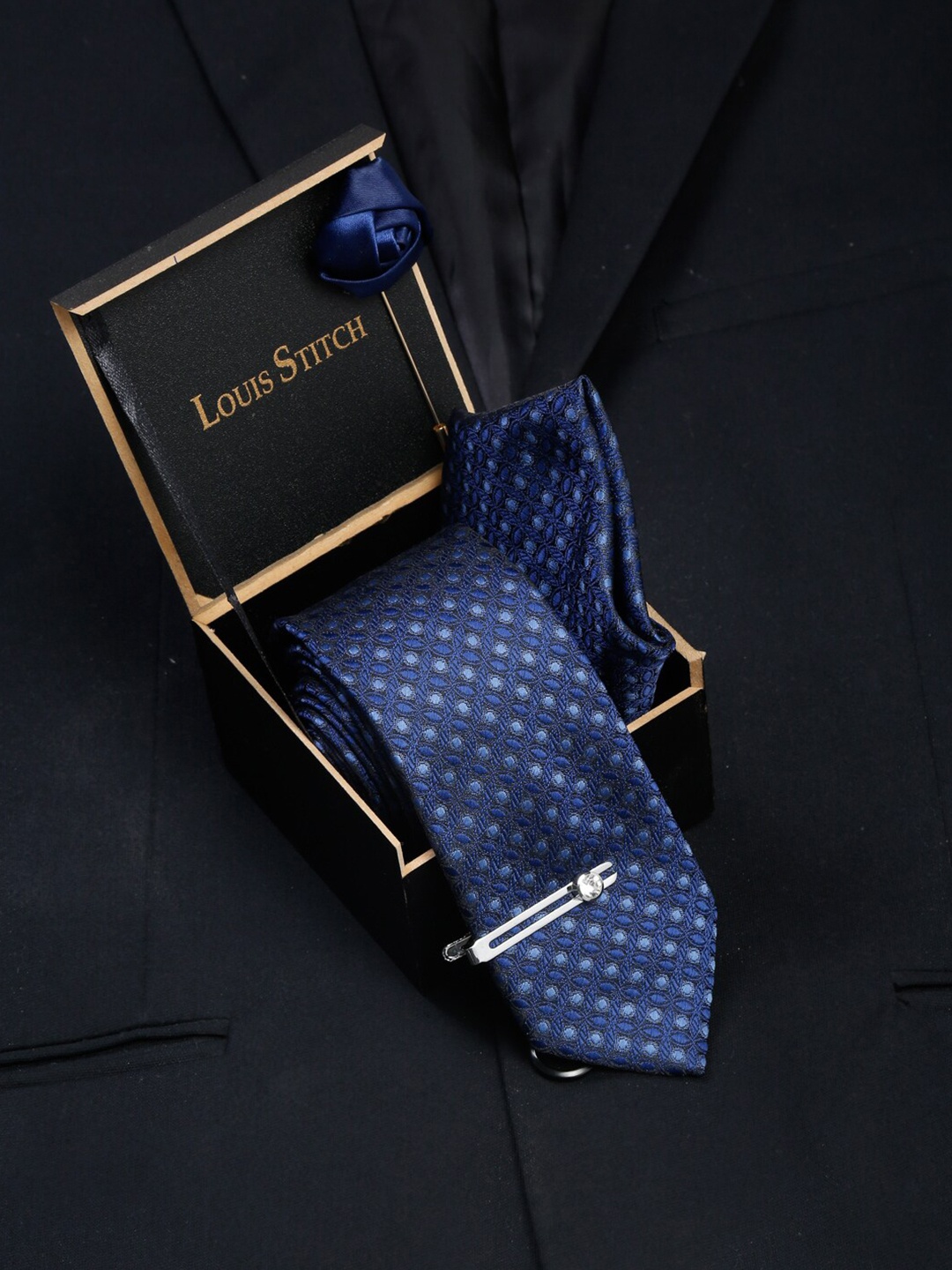

LOUIS STITCH Men Admiral Blue Italian Silk Necktie Accessory Gift Set