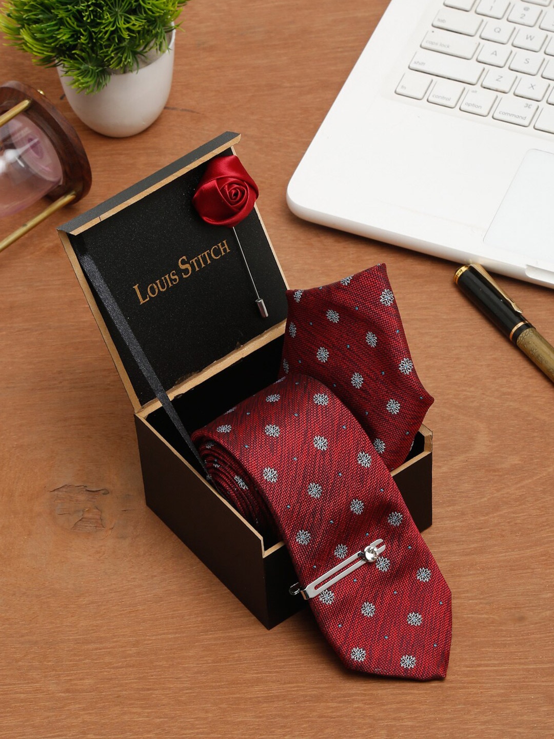 

LOUIS STITCH Men Italian Silk Necktie Accessory Gift Set, Red