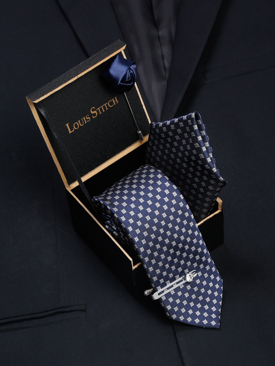 

LOUIS STITCH Men Silk Necktie Accessory Gift Set, Blue