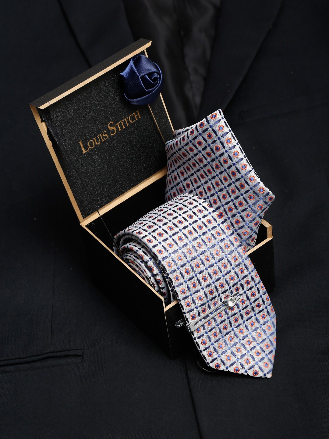 

LOUIS STITCH Men Silk Necktie Accessory Gift Set, Grey