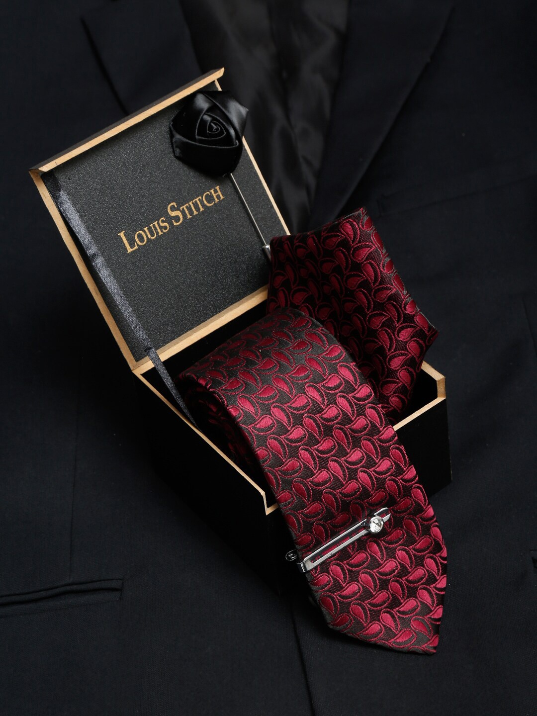 

LOUIS STITCH Men Italian Silk Necktie Accessory Gift Set, Red