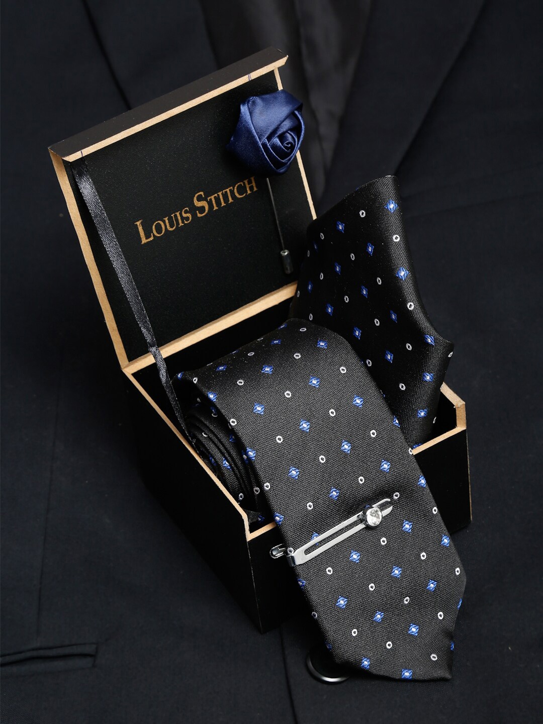 

LOUIS STITCH Men Italian Silk Necktie Accessory Gift Set, Black