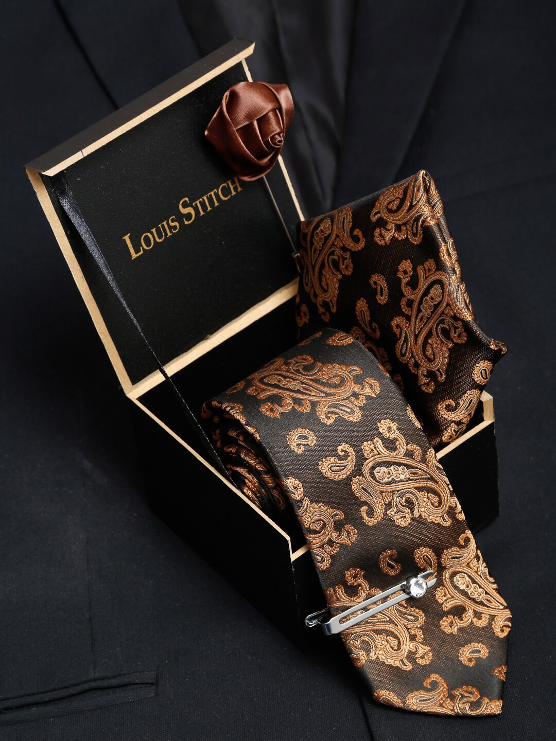 

LOUIS STITCH Men Italian Silk Blend Necktie Accessory Gift Set, Brown