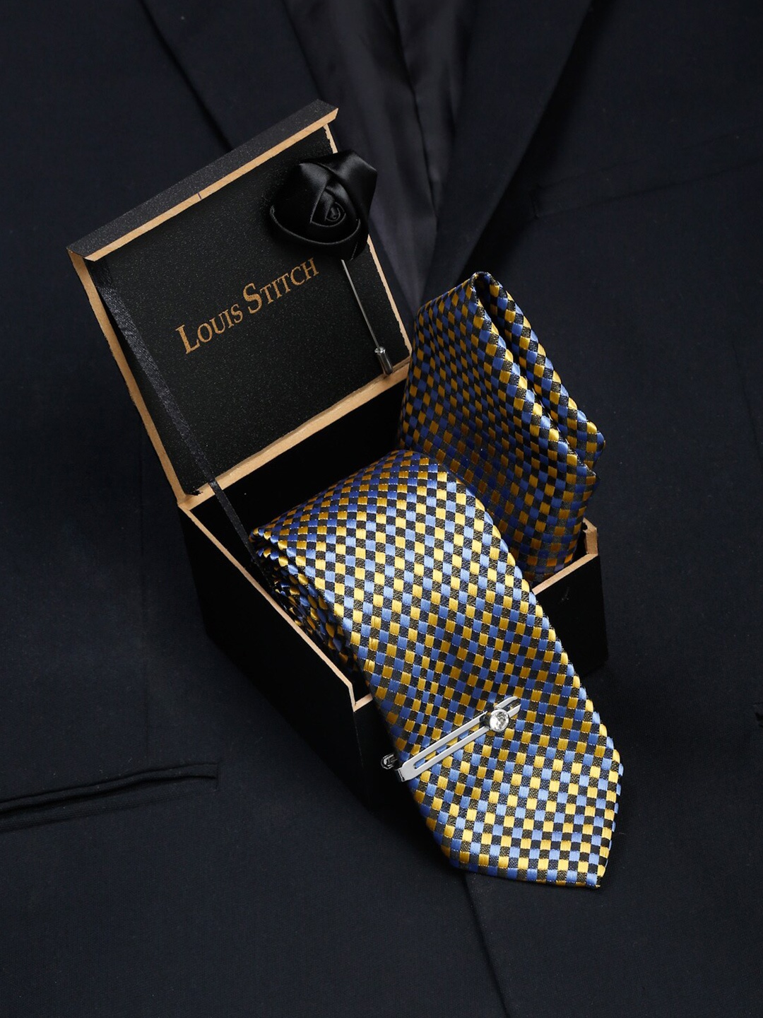 

LOUIS STITCH Men Canary Yellow Italian Silk Necktie Accessory Gift Set