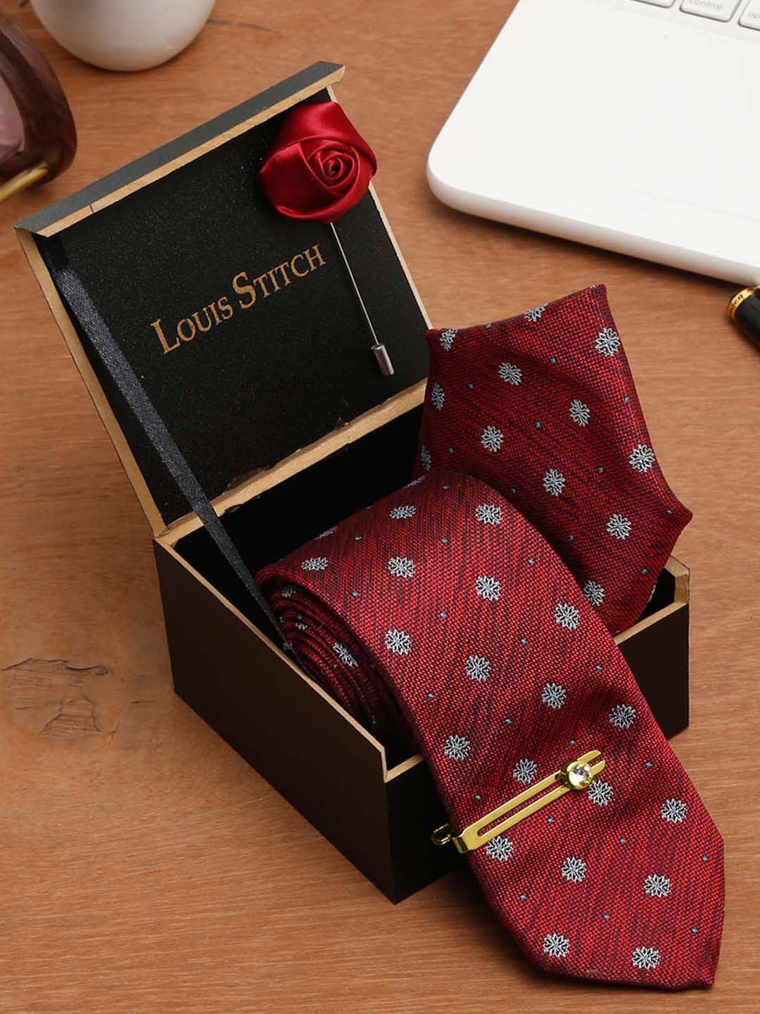 

LOUIS STITCH Men Rosewood Italian Silk Necktie Accessory Gift Set, Red