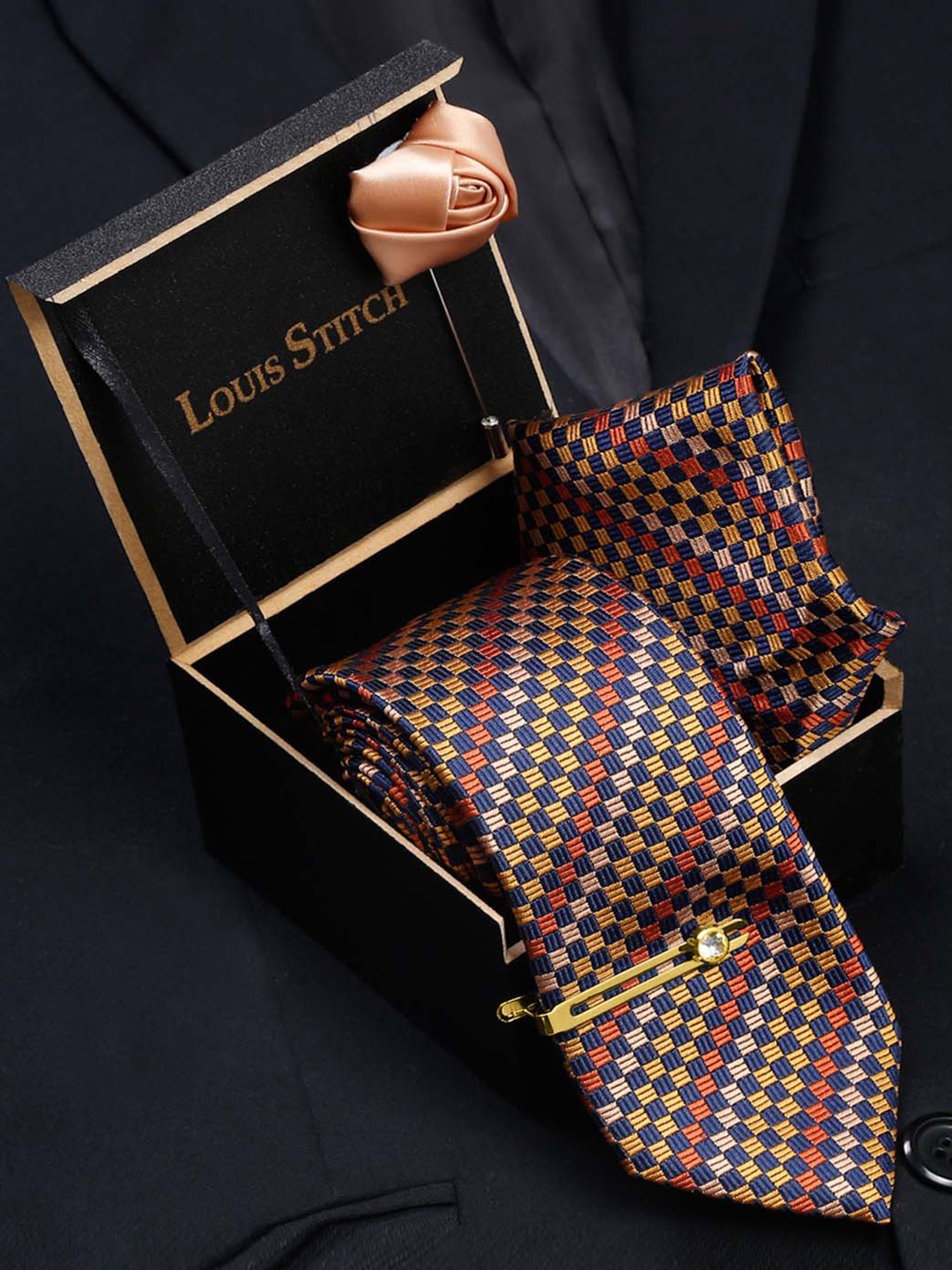 

LOUIS STITCH Men Munsell Yellow Italian Silk Necktie Accessory Gift Set