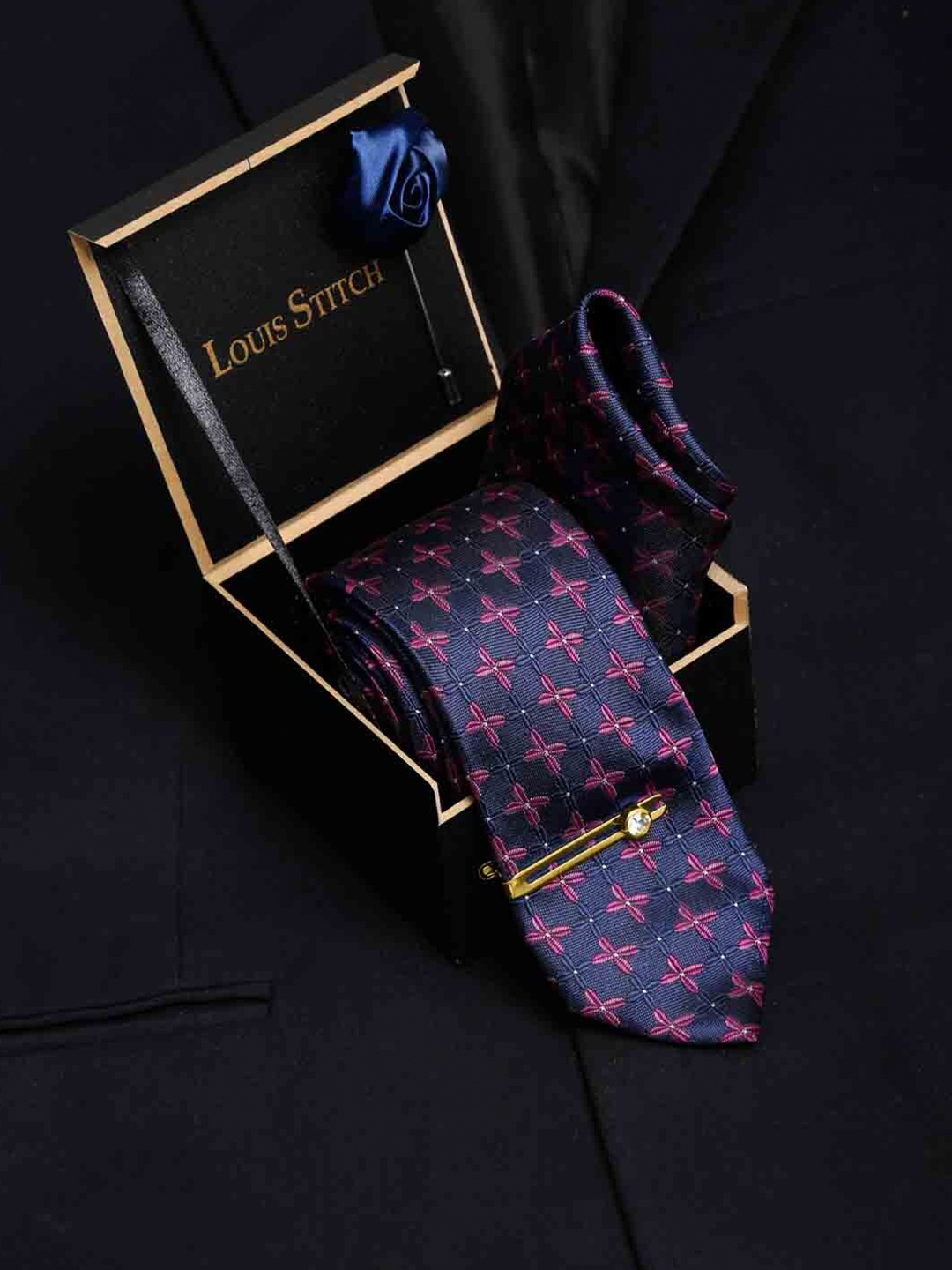 

LOUIS STITCH Men Italian Silk Blend Necktie Accessory Gift Set, Blue
