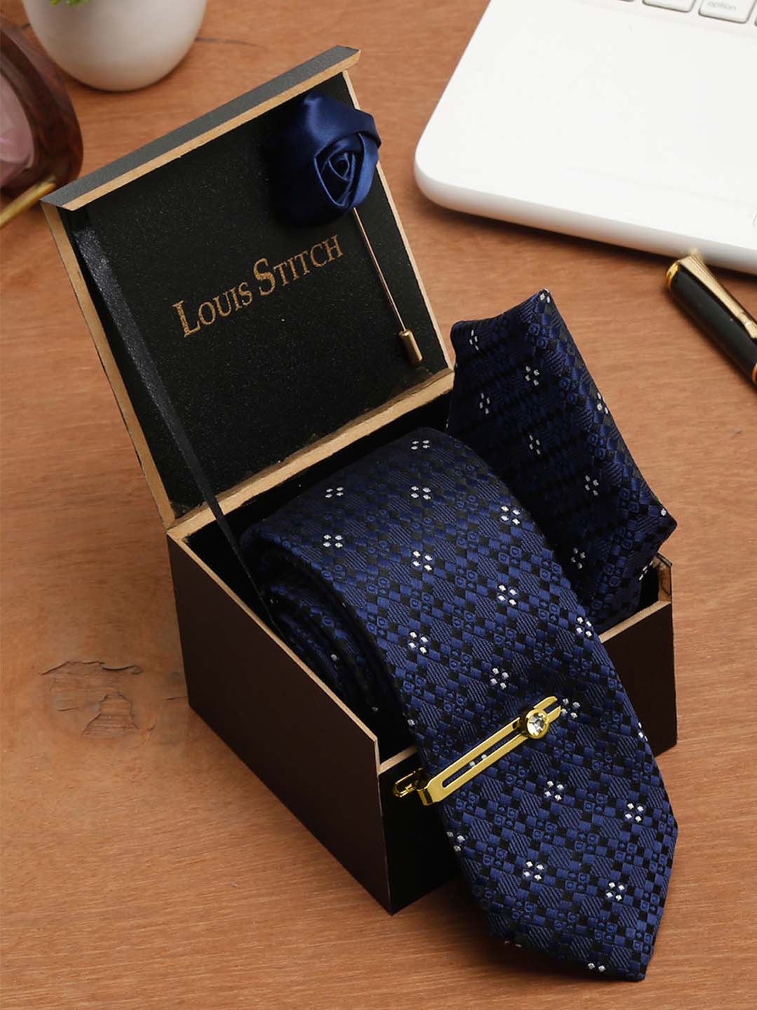 

LOUIS STITCH Men Denim Blue Italian Silk Necktie Accessory Gift Set