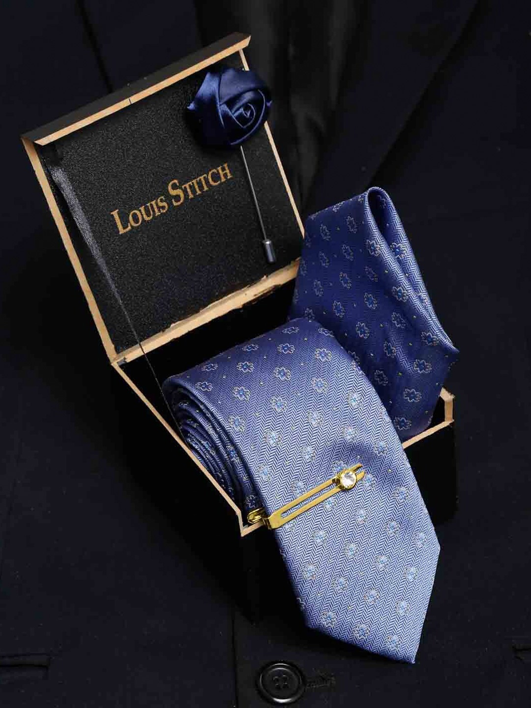 

LOUIS STITCH Men Dark Blue Italian Silk Necktie Accessory Gift Set