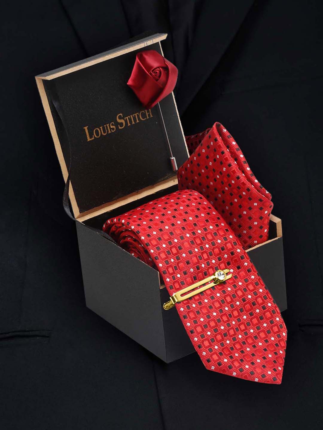 

LOUIS STITCH Men Italian Silk Necktie Accessory Gift Set, Red