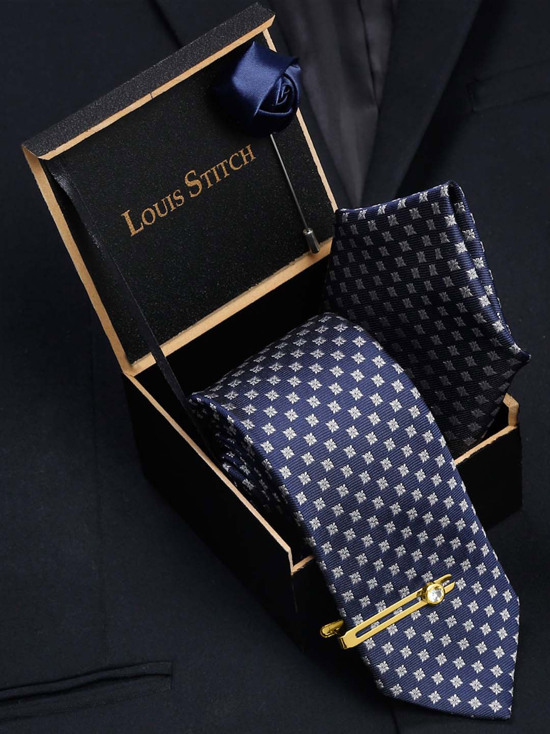 

LOUIS STITCH Men Italian Silk Necktie Accessory Gift Set, Blue