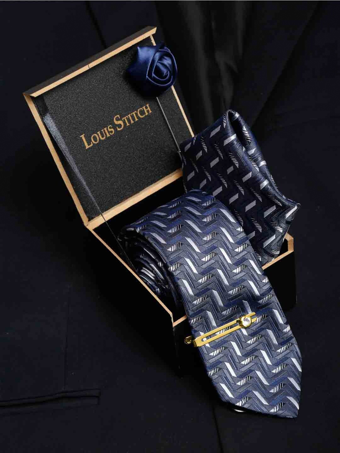 

LOUIS STITCH Men Shadow Grey Italian Silk Necktie Accessory Gift Set, Navy blue