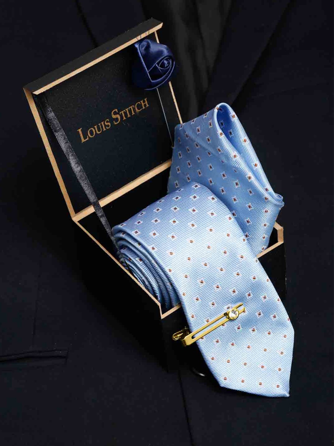 

LOUIS STITCH Men Silk Necktie Accessory Gift Set, Blue