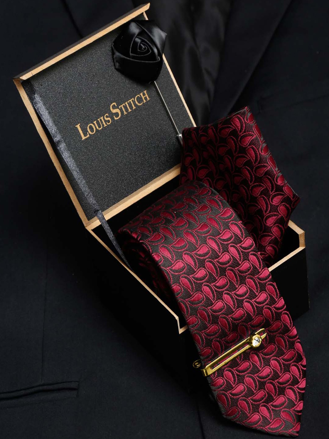 

LOUIS STITCH Men Burgundy Red Italian Silk Necktie Accessory Gift Set