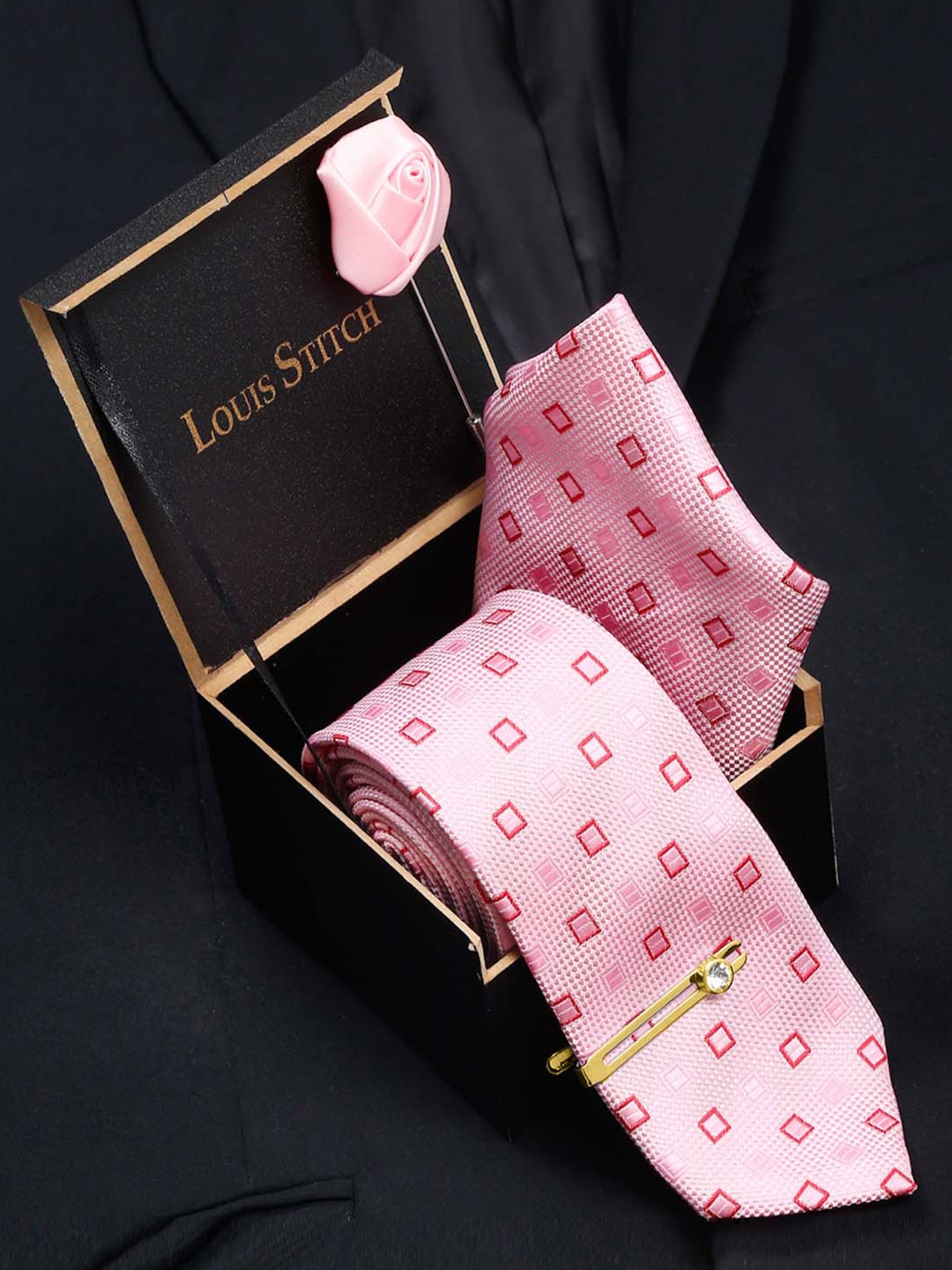 

LOUIS STITCH Men Blush Peach Italian Silk Necktie Accessory Gift Set, Pink