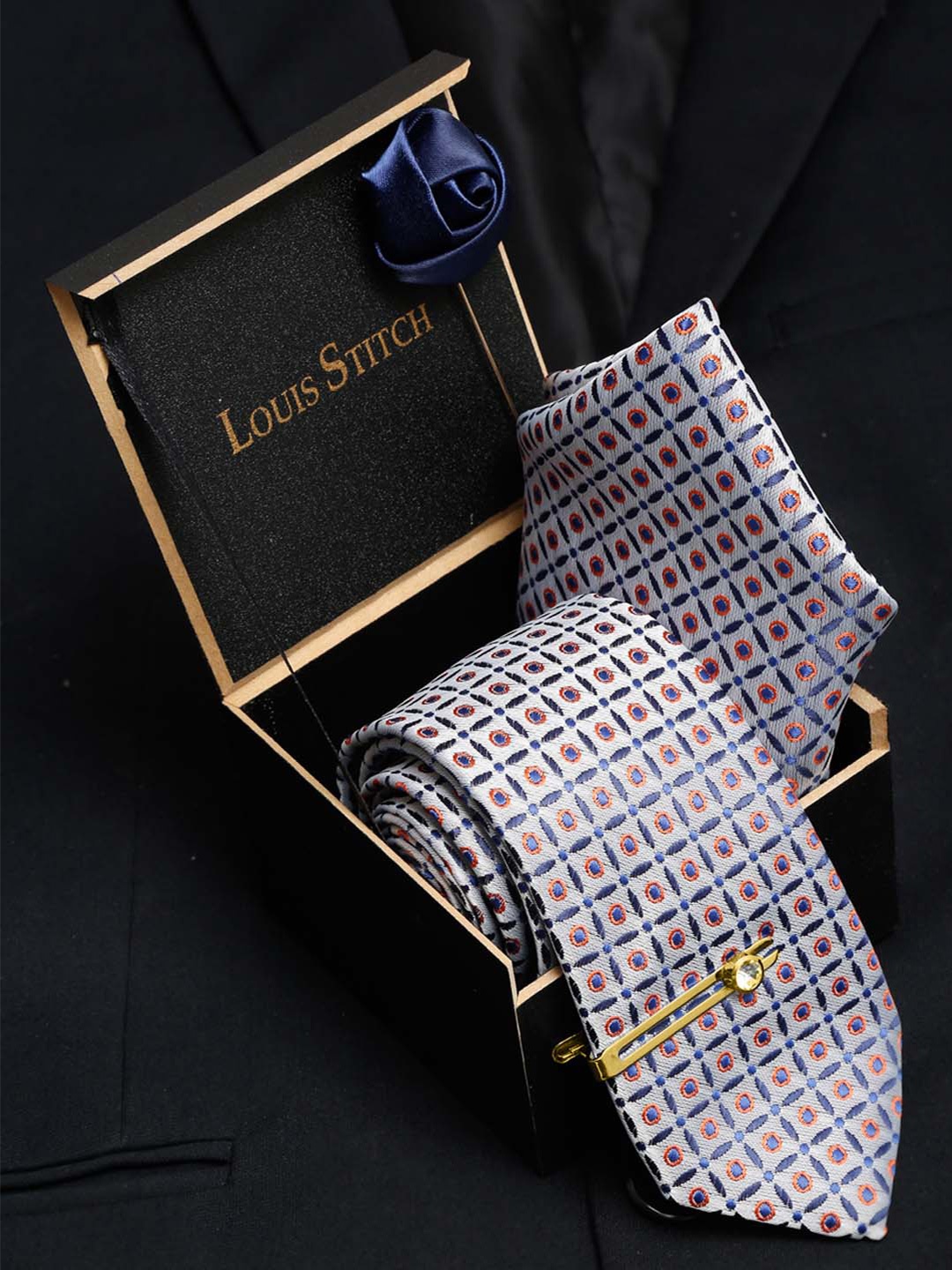 

LOUIS STITCH Men Italian Silk Necktie Accessory Gift Set, Grey