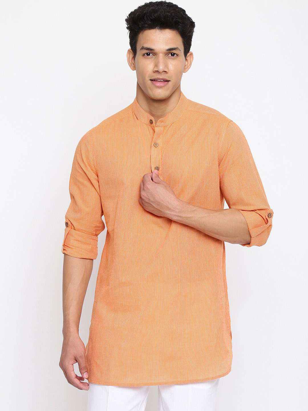 

Fabindia Men Orange Striped Pure Cotton Kurta