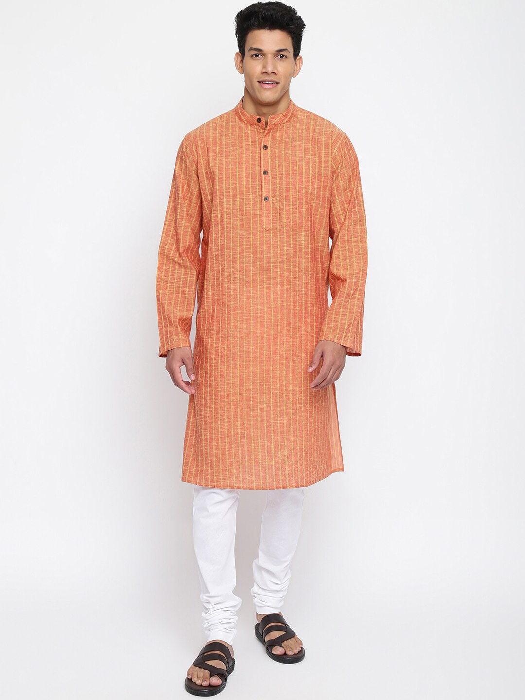 

Fabindia Men Orange & Yellow Striped Cotton Straight Kurta