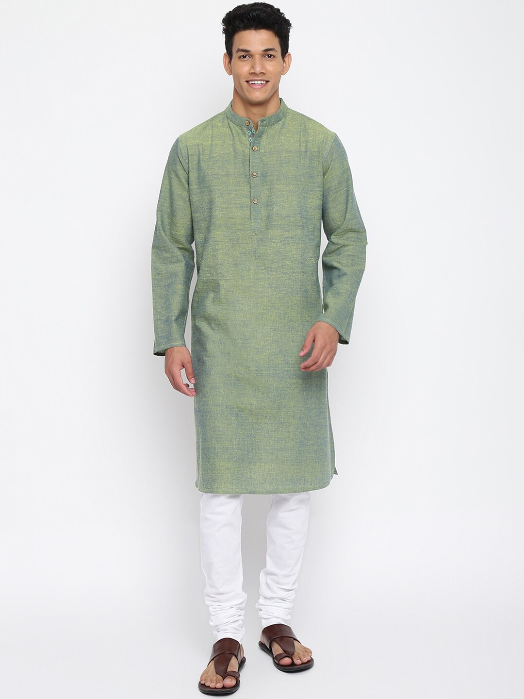 

Fabindia Men Green Cotton Solid Kurta