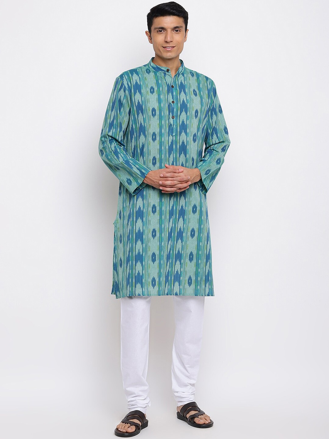 

Fabindia Men Teal Green Geometric Printed Pure Cotton Kurta