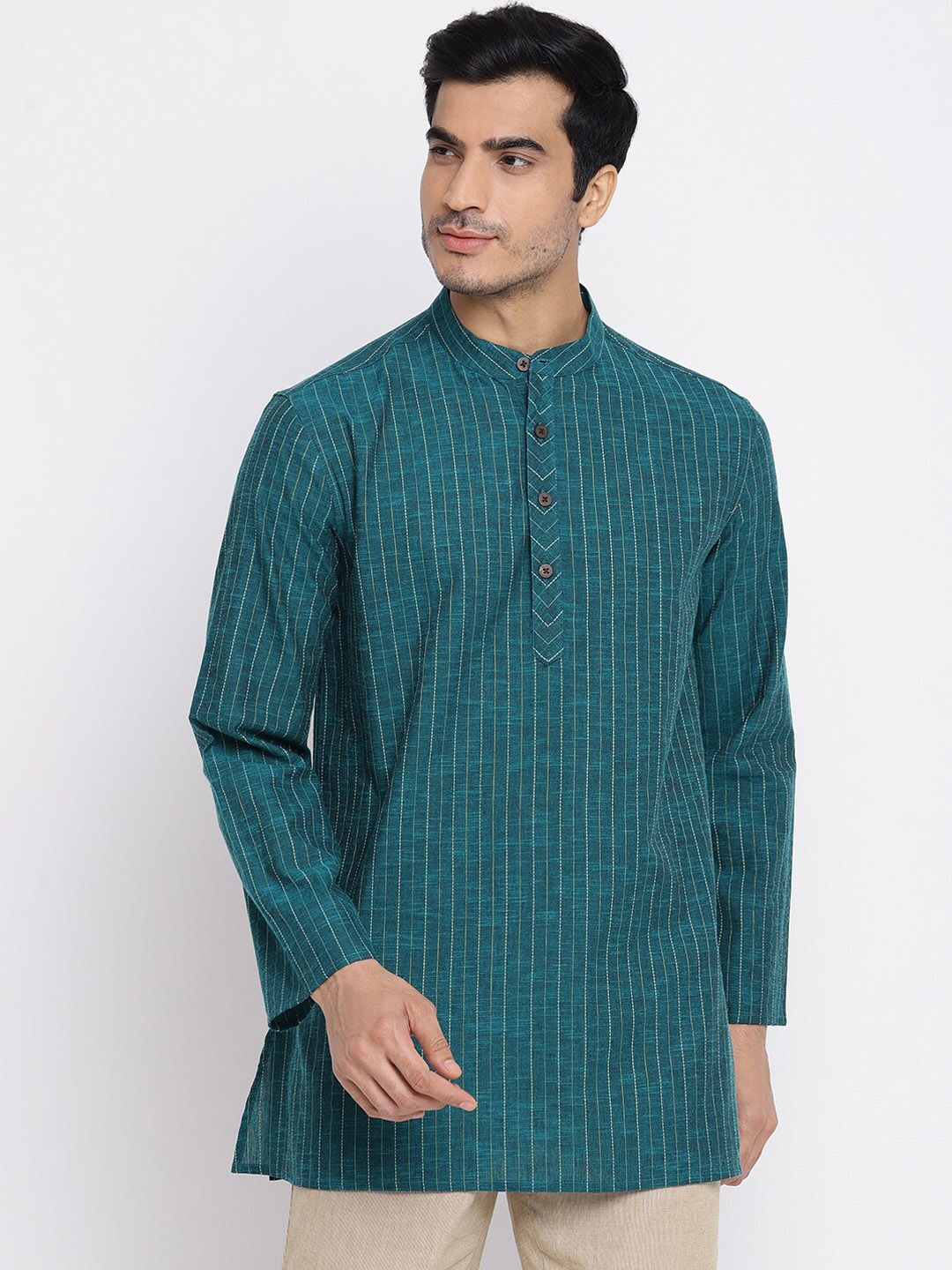 

Fabindia Men Green Striped Thread Work Kurta