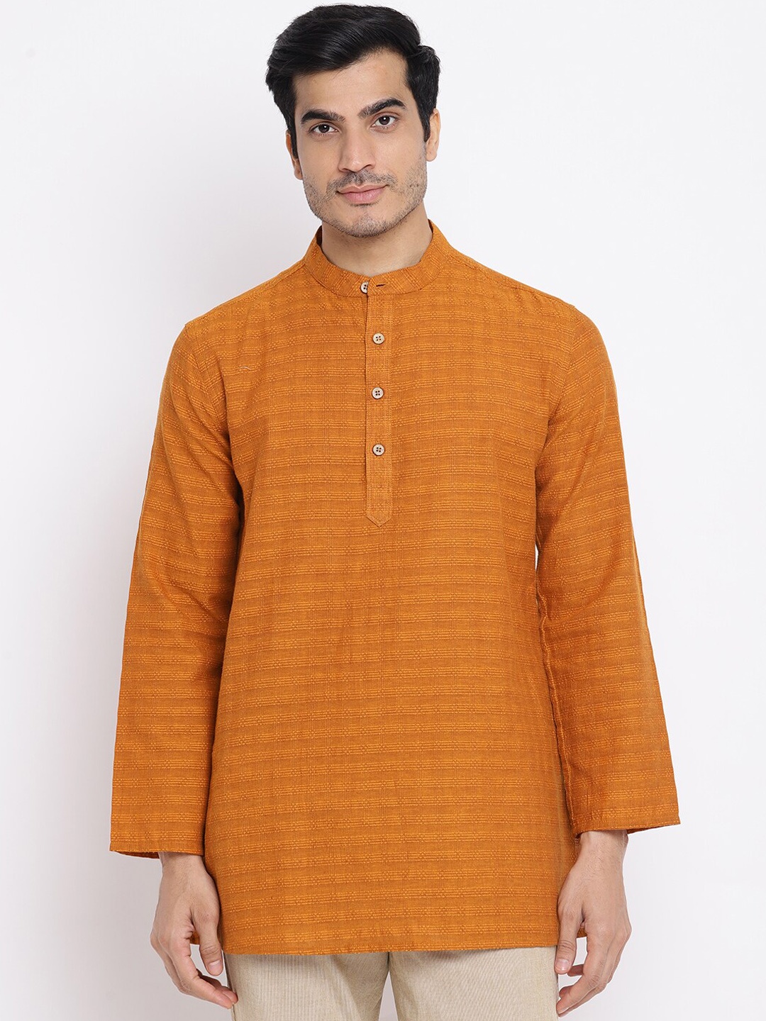 

Fabindia Men Mustard Yellow Striped Cotton Short Kurta