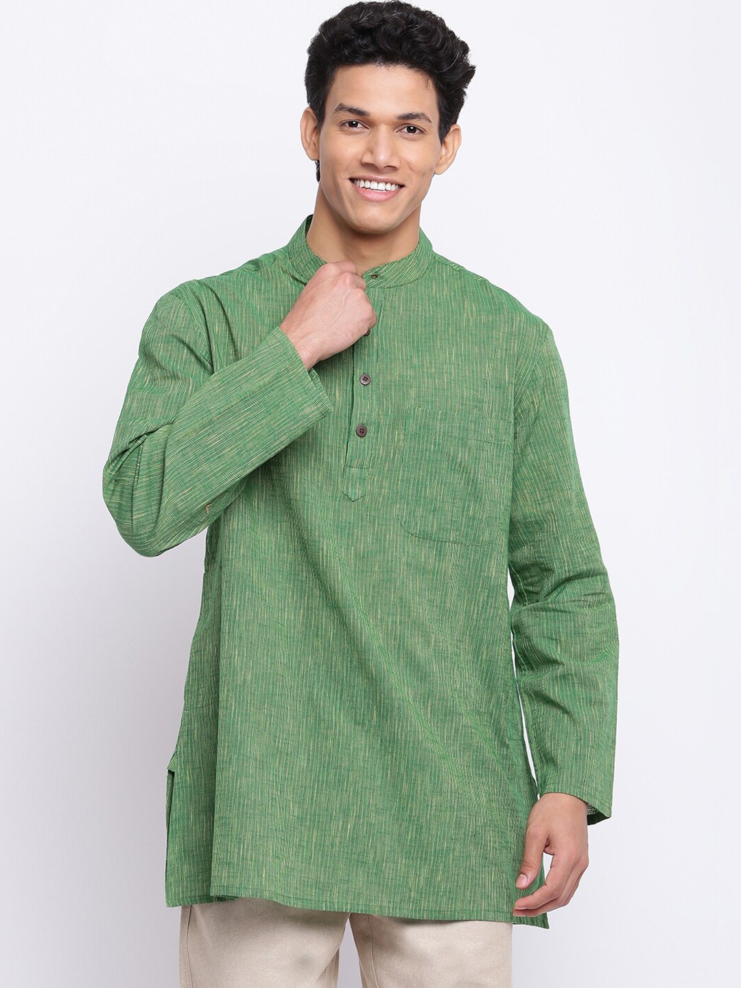 

Fabindia Men Green Striped Woven Design Thread Work Pure Cotton Short Kurta