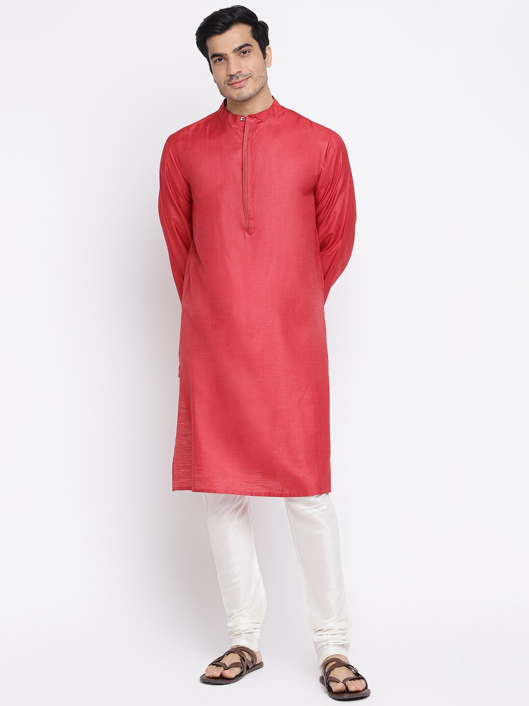 

Fabindia Men Red Solid Thread Work Silk Kurta