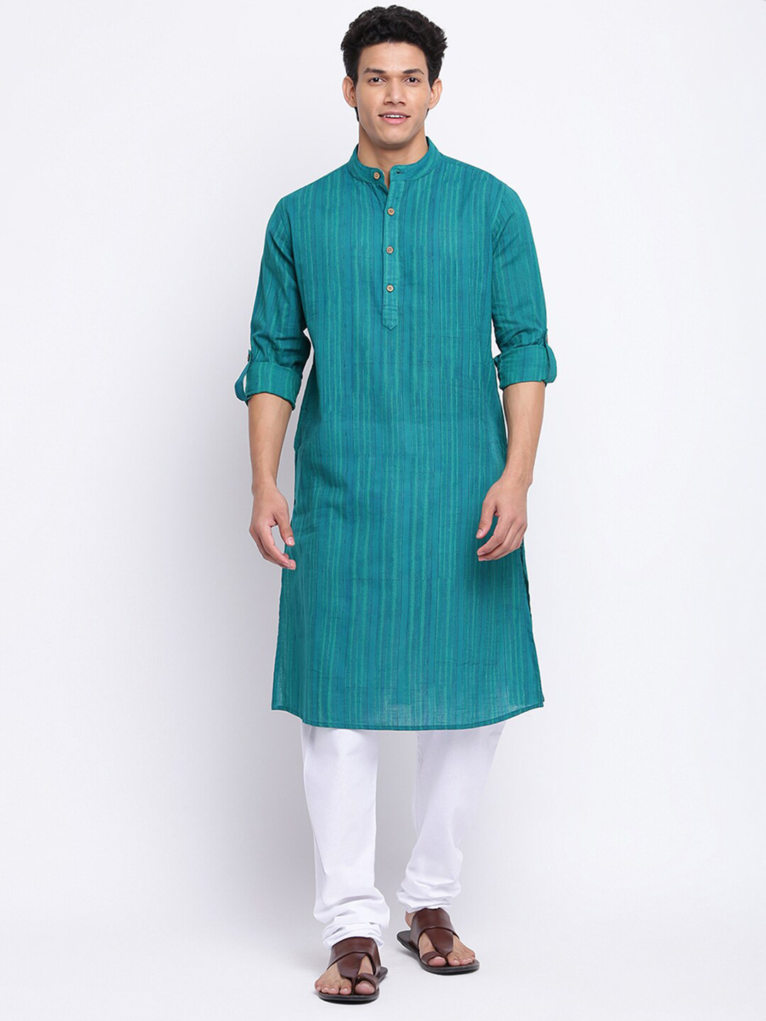 

Fabindia Men Teal Striped Cotton Straight Long Kurta