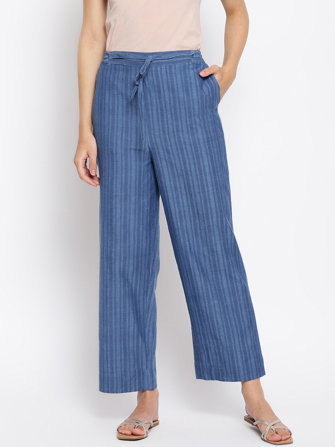 

Fabindia Women Blue Striped Easy Wash Trousers