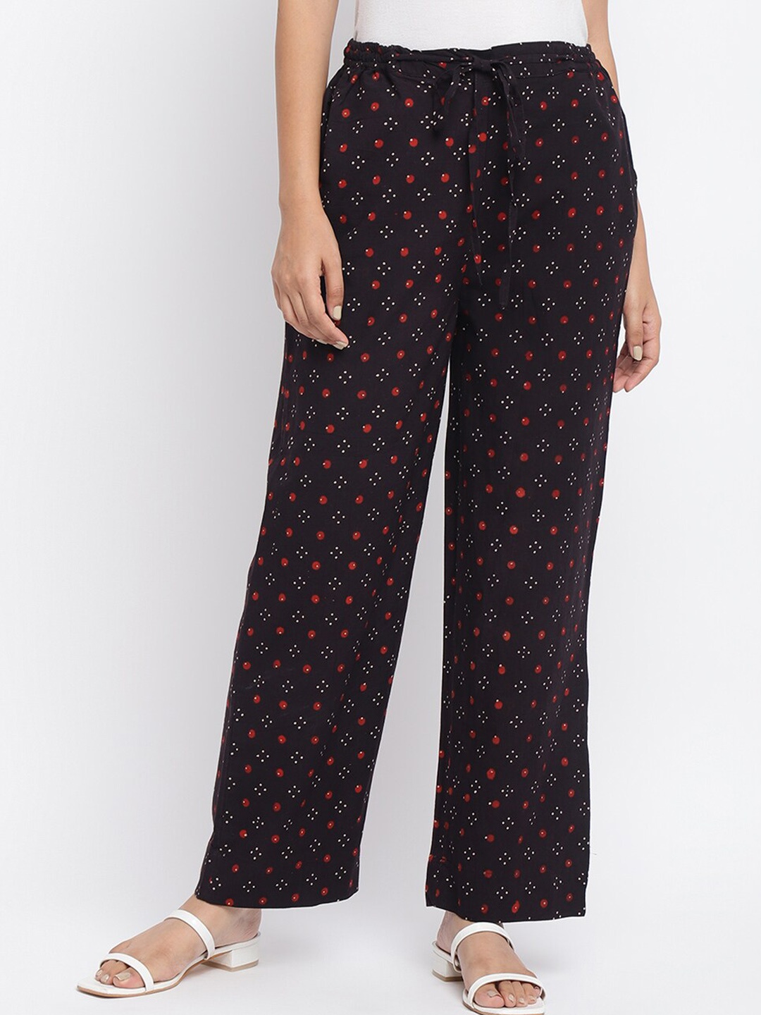 

Fabindia Women Black Printed Straight Fit Easy Wash Cotton Trousers