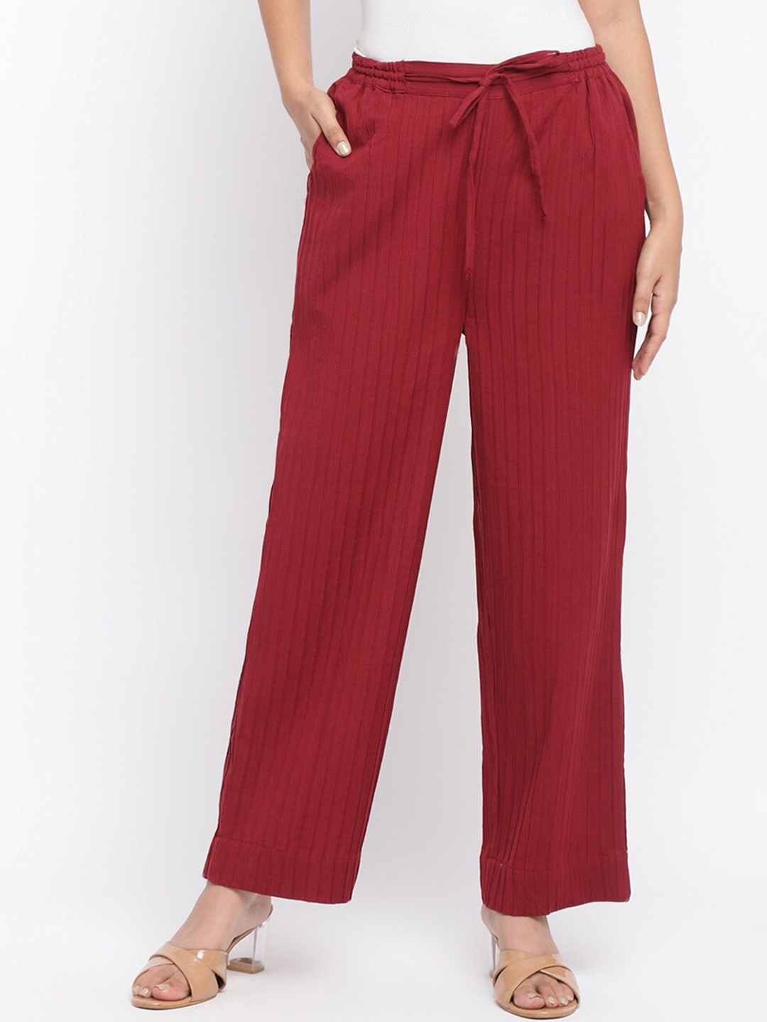

Fabindia Women Maroon Solid Easy Wash Trousers