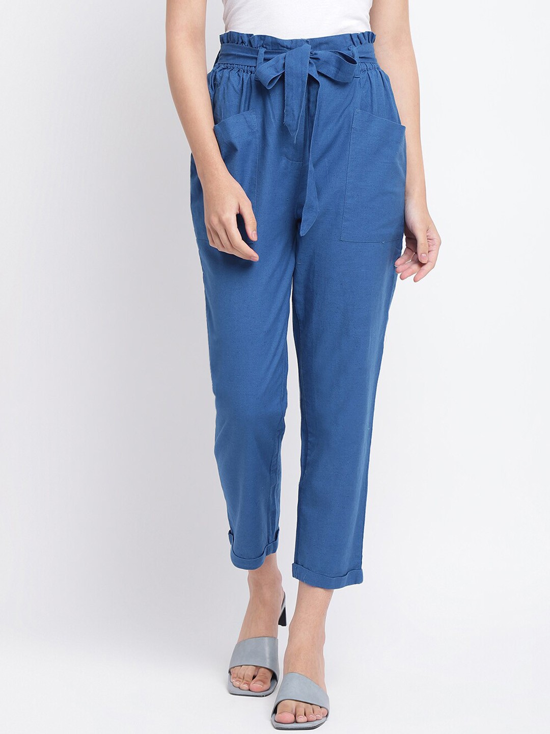 

Fabindia Women Blue Straight Fit Easy Wash Pleated Trousers