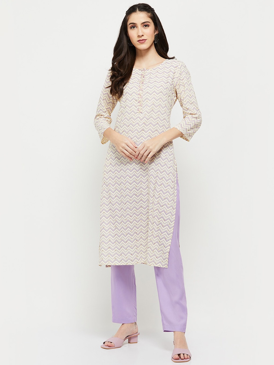 

max Women Off White Printed Kurta with Trousers