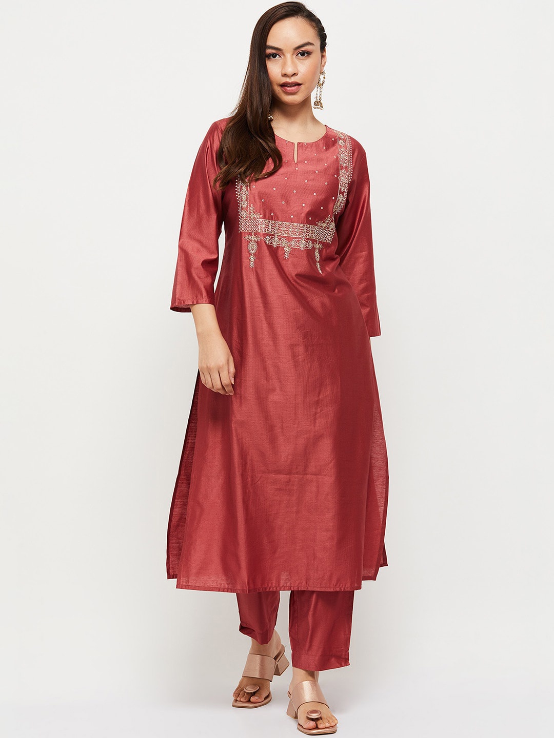

max Women Red Ethnic Motifs Embroidered Chanderi Cotton Kurta with Trousers