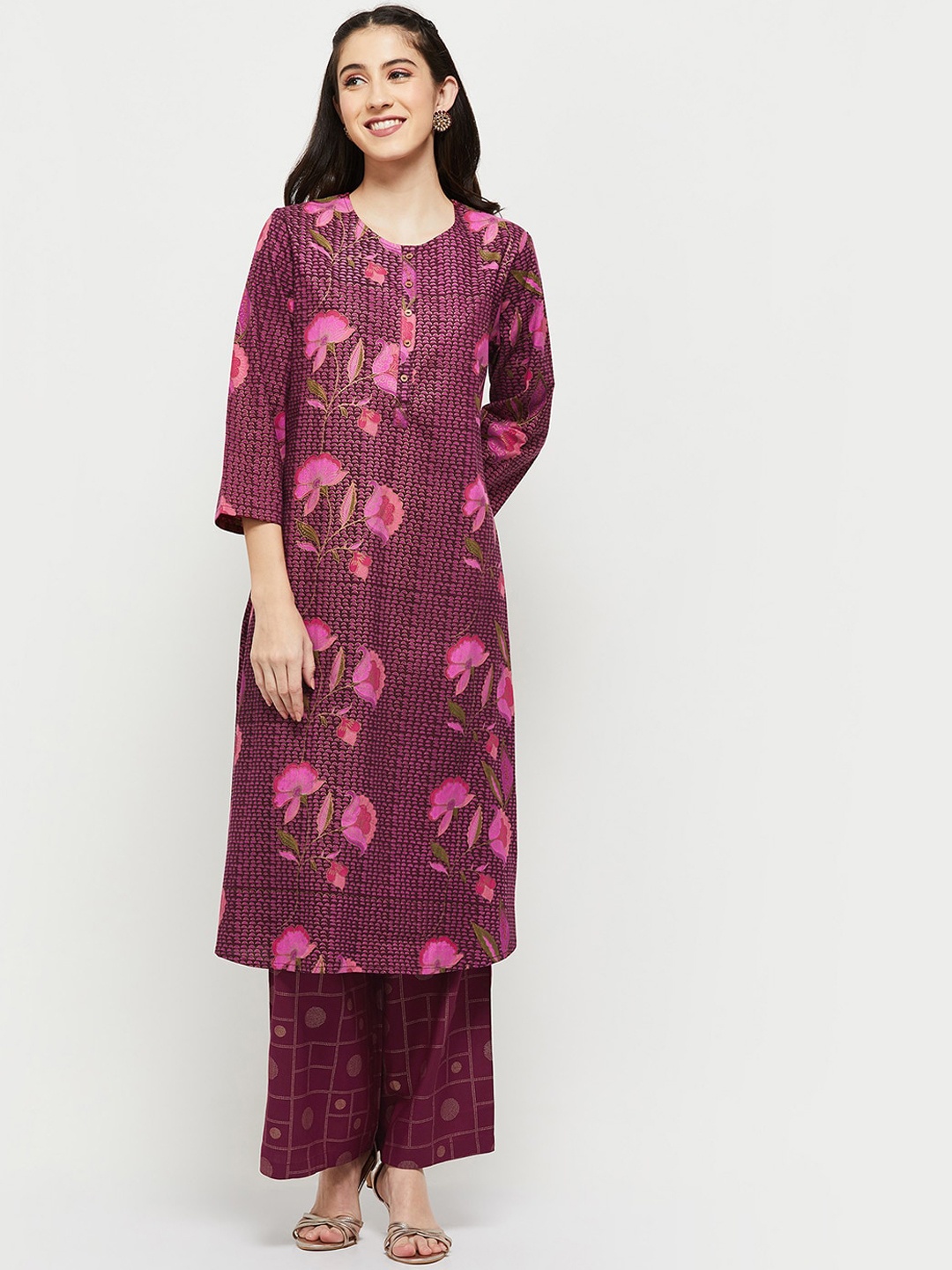

max Women Purple & Pink Floral Printed Kurta with Palazzos