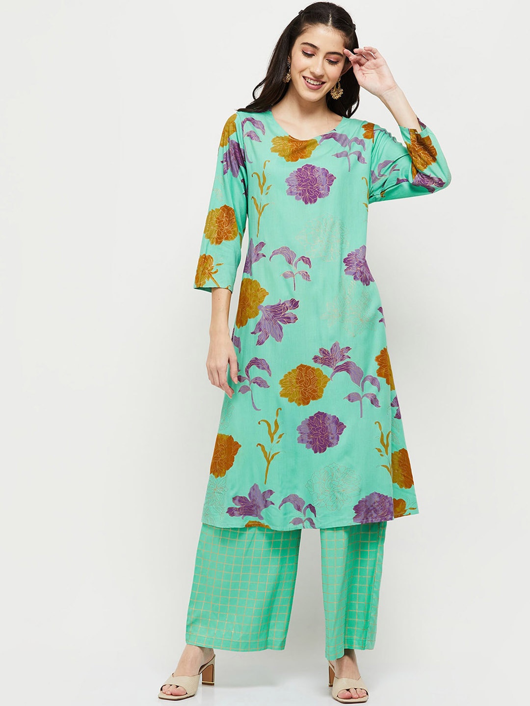 

max Women Green Floral Printed Kurta with Palazzos