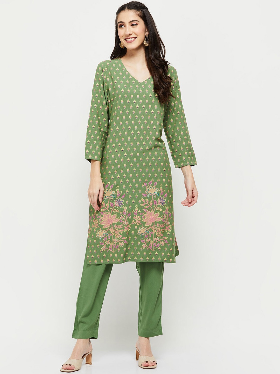 

max Women Olive Green Floral Printed Kurta with Trousers