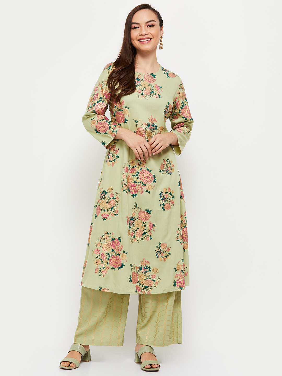 

max Women Green Floral Printed Kurta with Palazzos