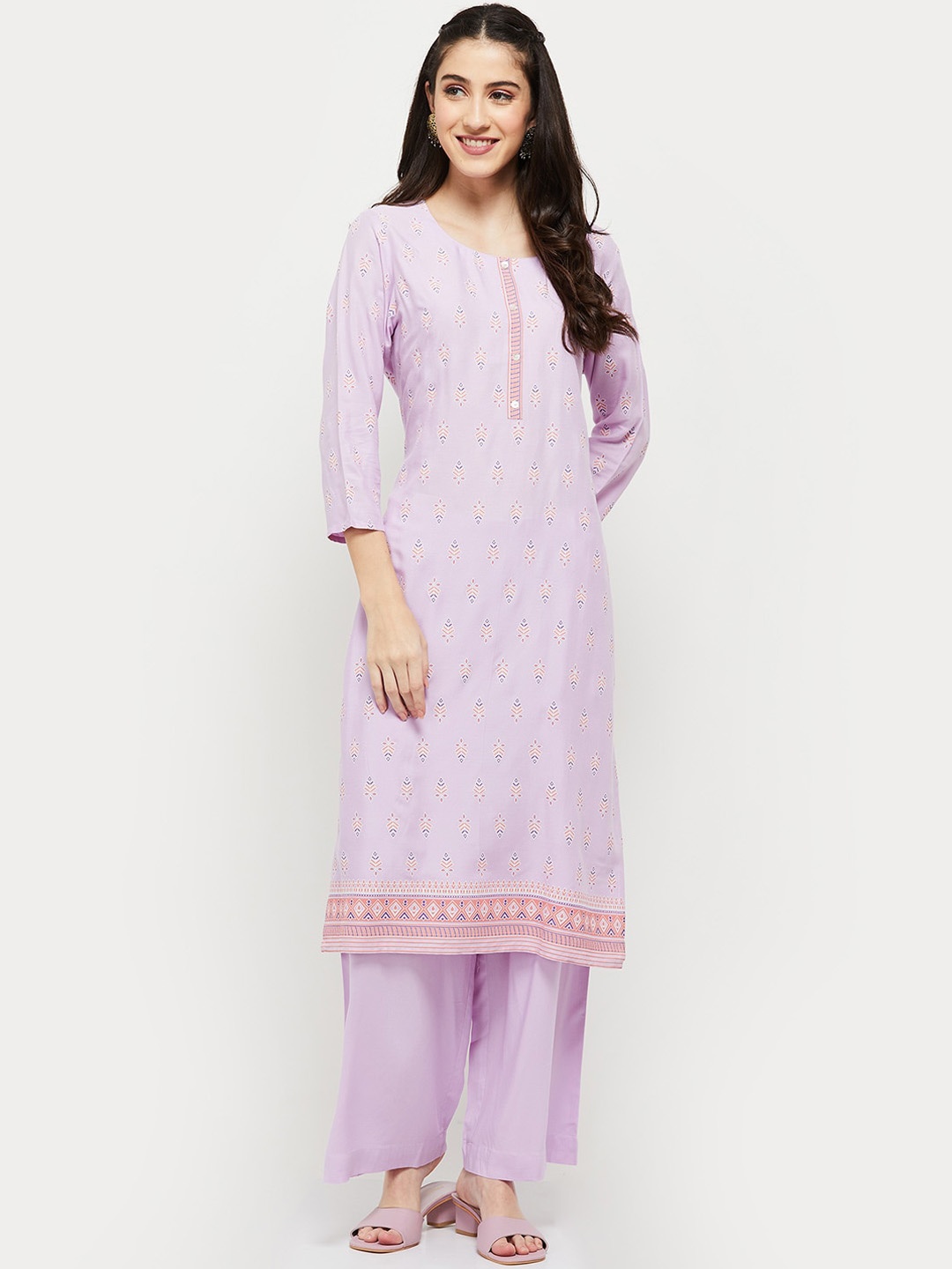 

max Women Lavender Floral Printed Kurta with Trousers