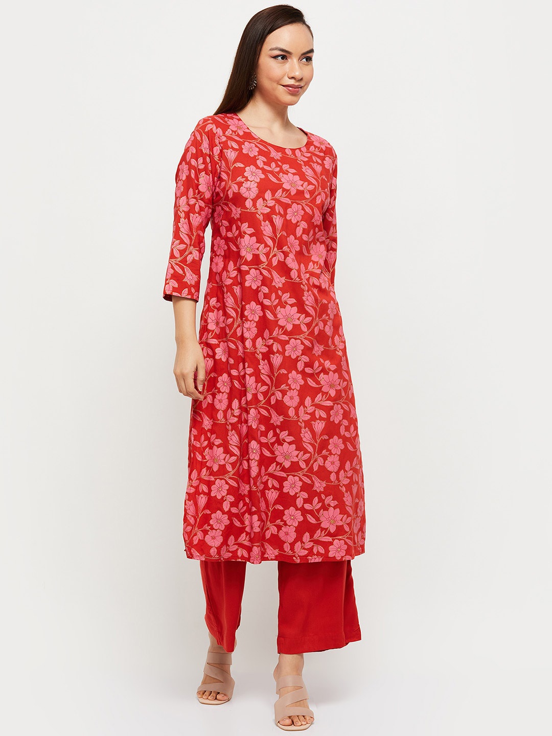 

max Women Red Floral Printed Kurta with Palazzos