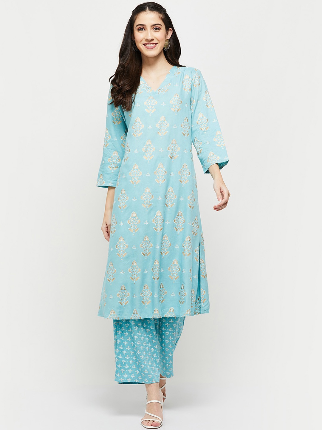 

max Women Blue Ethnic Motifs Printed A-Line Kurta with Palazzos