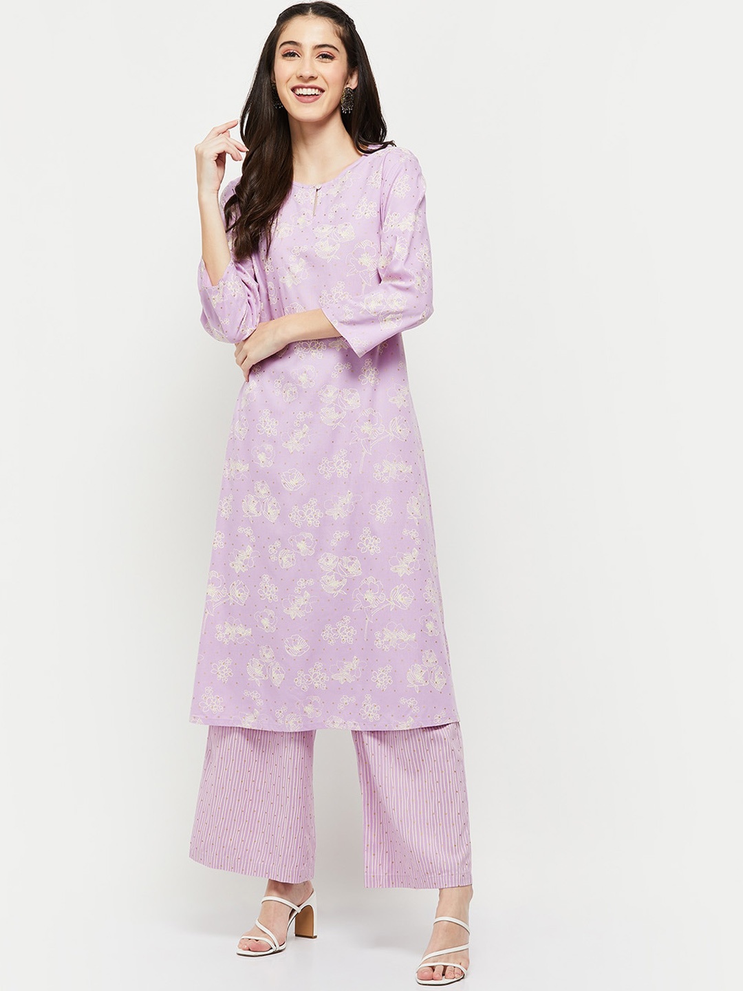 

max Women Purple Floral Printed Kurta with Palazzos